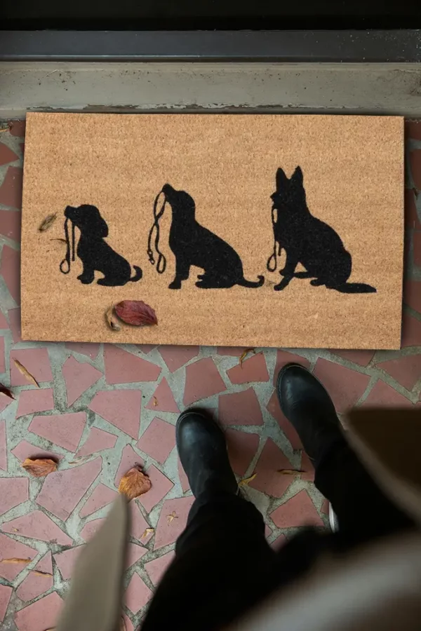 Tapis entrée, motif 3 chiens en laisse