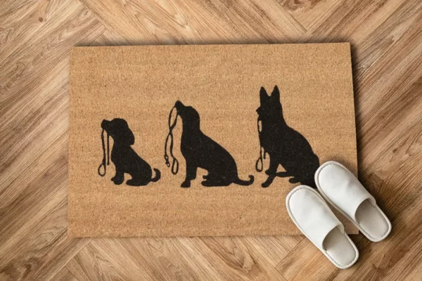 Tapis entrée, motif 3 chiens en laisse