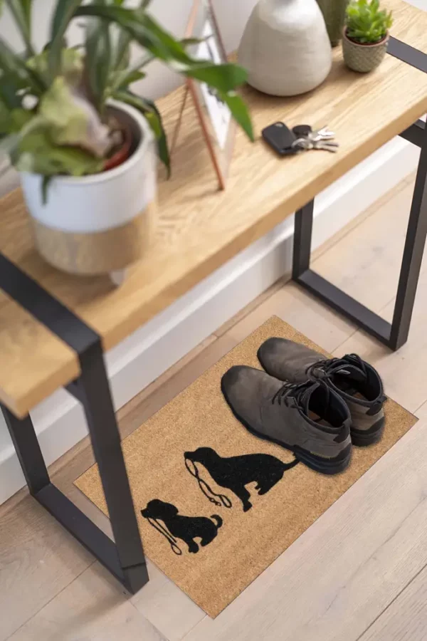 Tapis entrée, motif 3 chiens en laisse